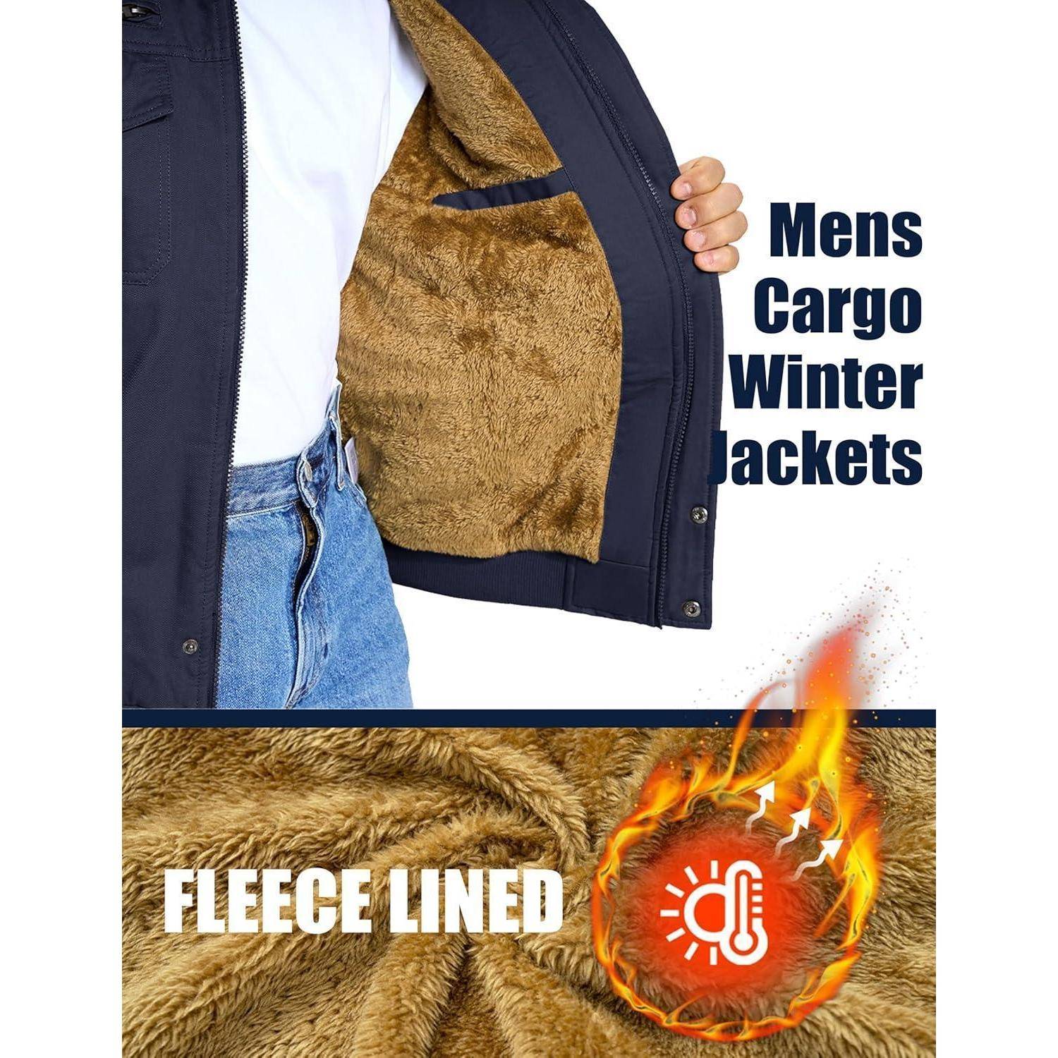 Eine Person zeigt das Innenfutter einer Winterjacke mit Fleecefutter. Der Text liest sich 