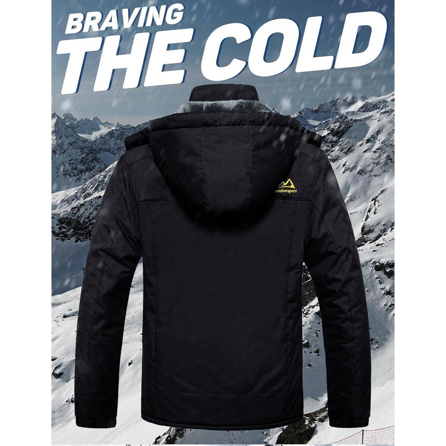 Schwarze Winterjacke mit pelzgefütterter Kapuze wird vor einer verschneiten Bergkulisse präsentiert. Der Text lautet 'Der Kälte trotzen'.