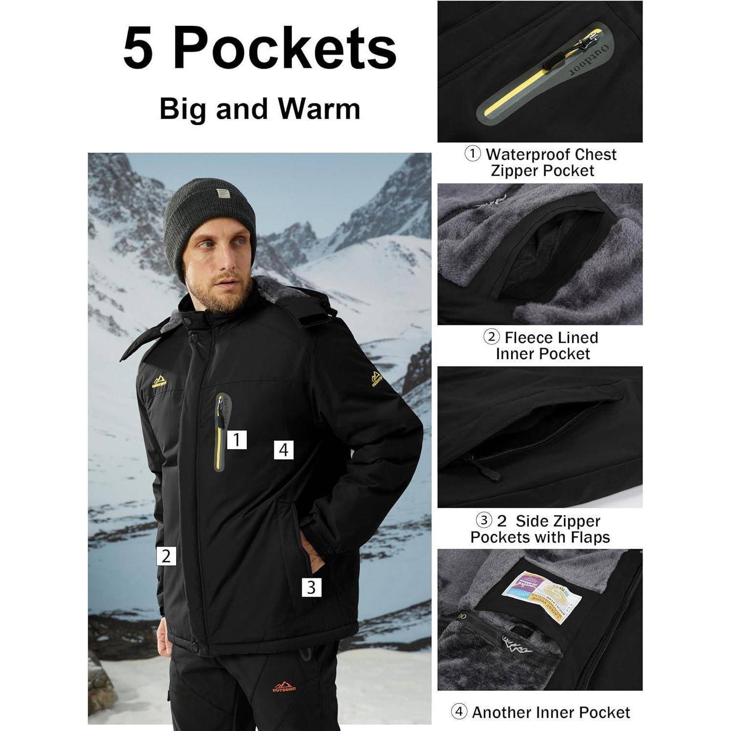 Mann trägt eine schwarze Jacke mit 5 beschrifteten Taschen: wasserdichter Brusttaschenzipver, fleecegefüttertes Innenfutter, 2 seitliche Reißverschlusstaschen mit Klappen und eine weitere Innentasche. Verschneite Berge im Hintergrund.