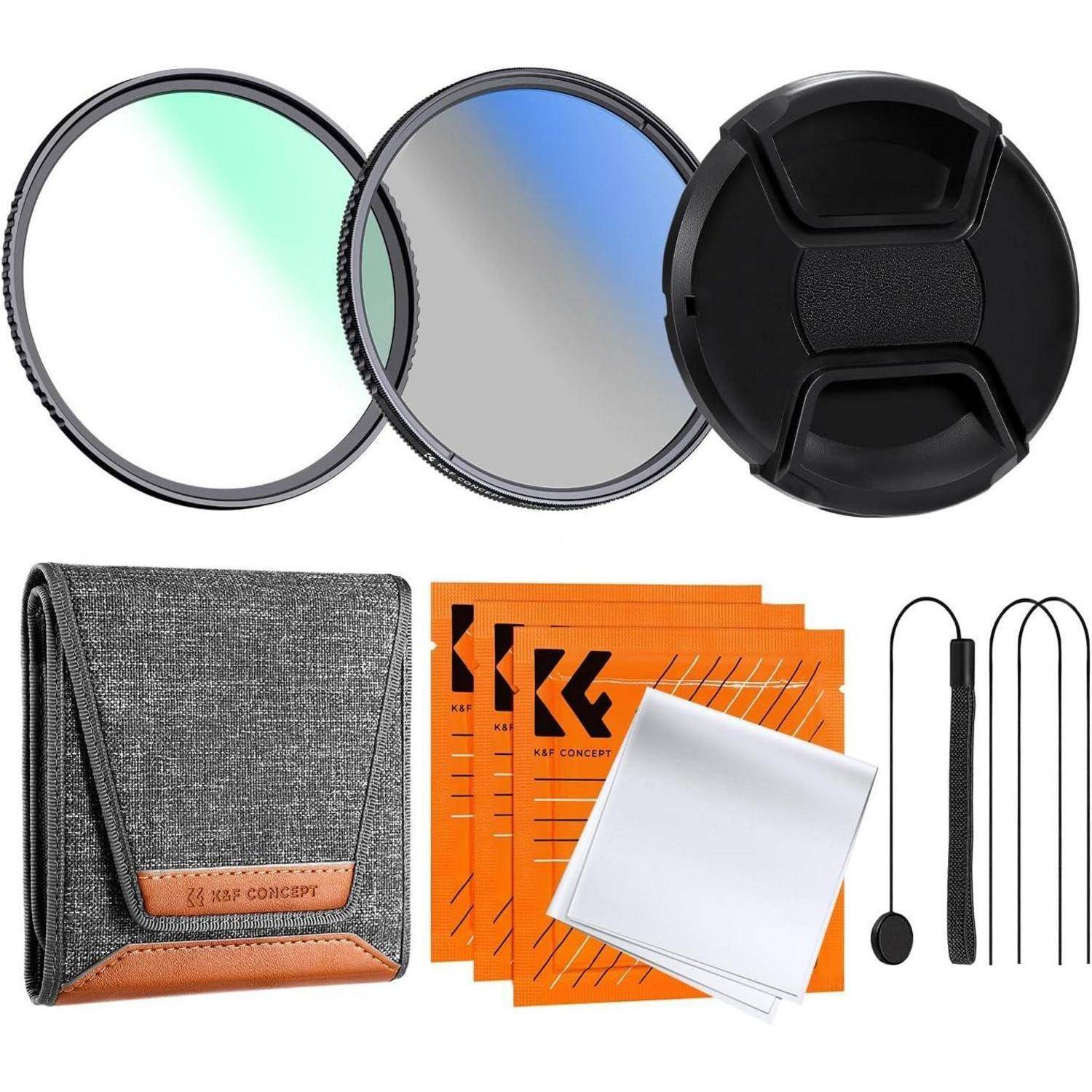 Kamera-Objektivfilterset inklusive UV- und CPL-Filter, Objektivdeckel, Filterhaltergehäuse, Reinigungstuch und Befestigungsband für Fotografie.