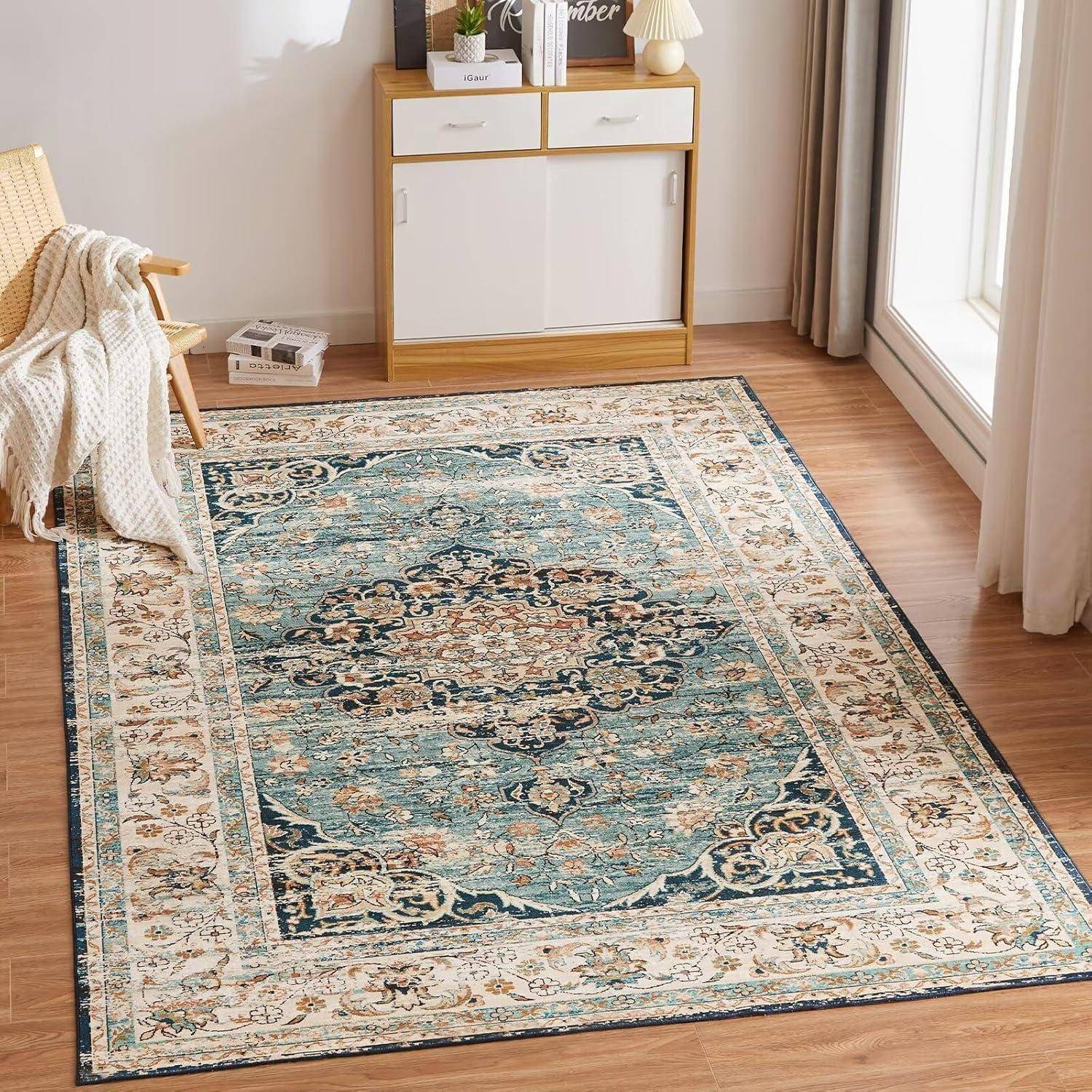 Teppich Waschbar Kurzflor Wohnzimmer Rutschfest Vintage Blau 80x150CM