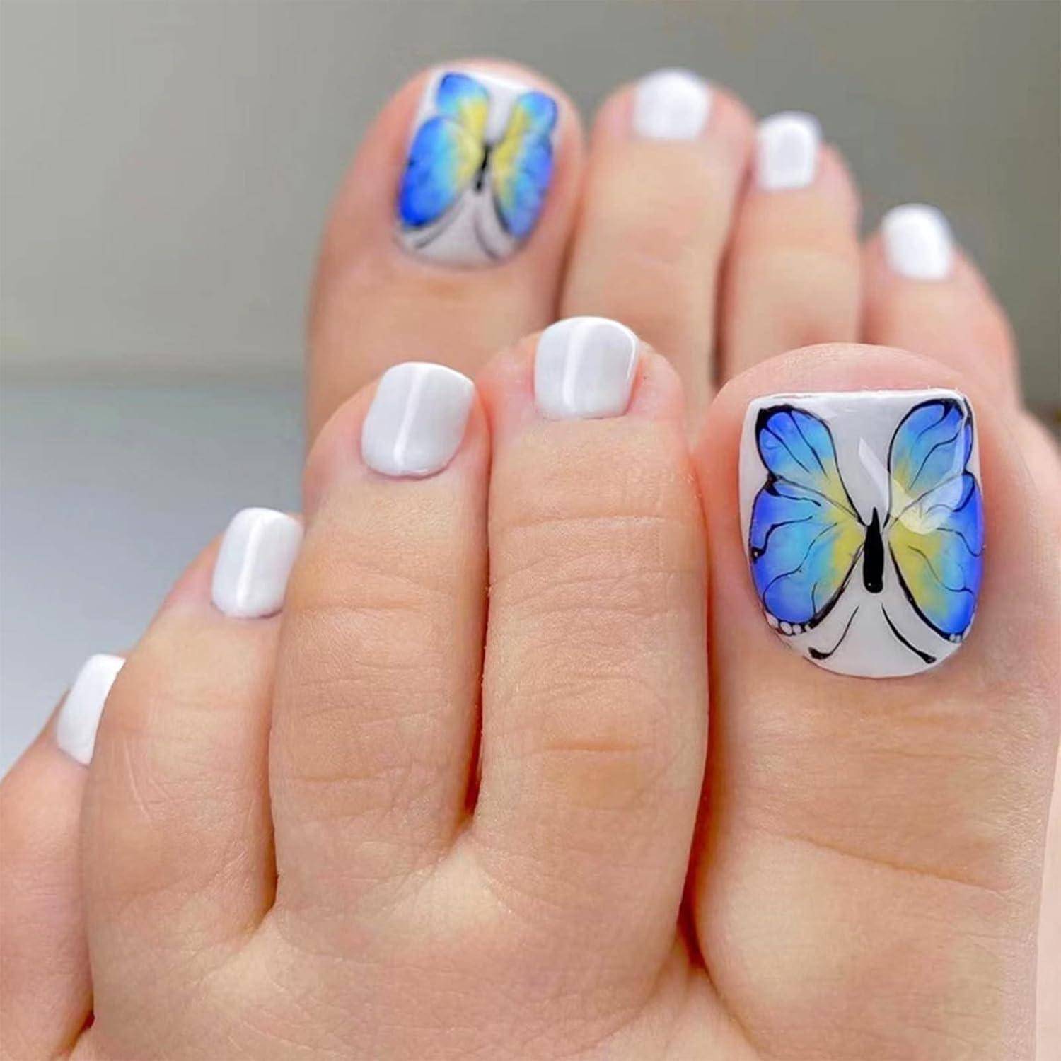 Zehennagelspitzen 24er Set Acryl weiß mit blauem Schmetterlingsdesign