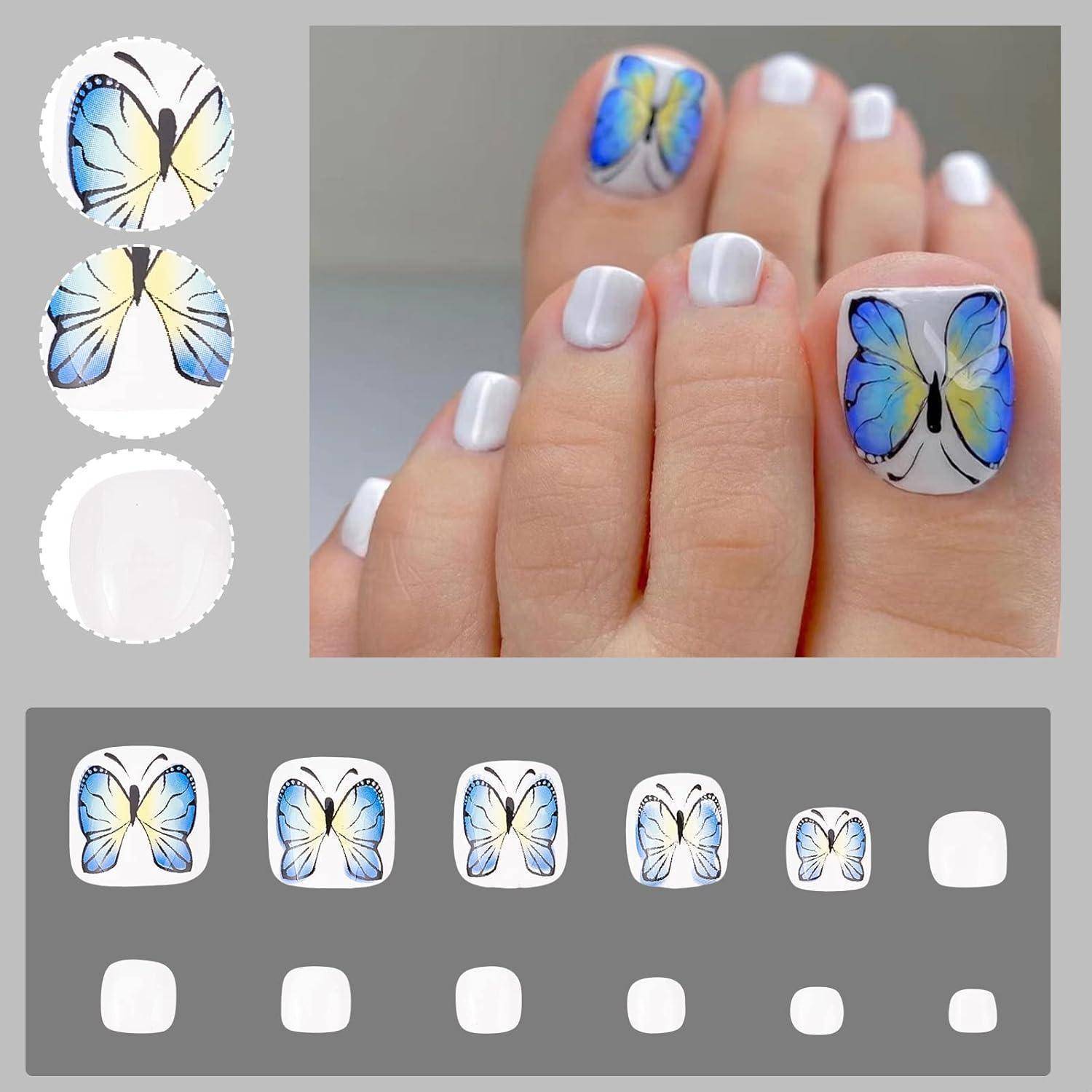Zehennagelspitzen 24er Set Acryl weiß mit blauem Schmetterlingsdesign