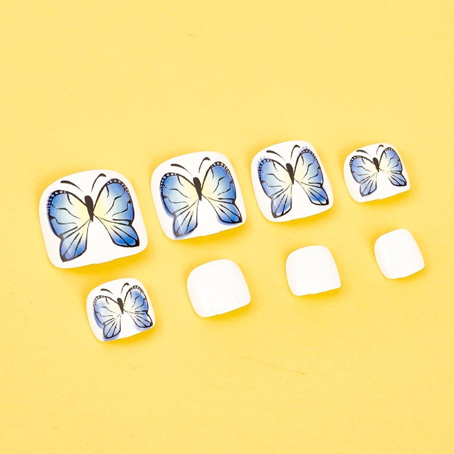 Zehennagelspitzen 24er Set Acryl weiß mit blauem Schmetterlingsdesign