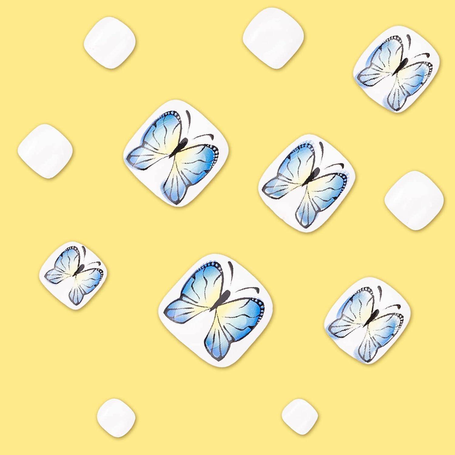 Zehennagelspitzen 24er Set Acryl weiß mit blauem Schmetterlingsdesign