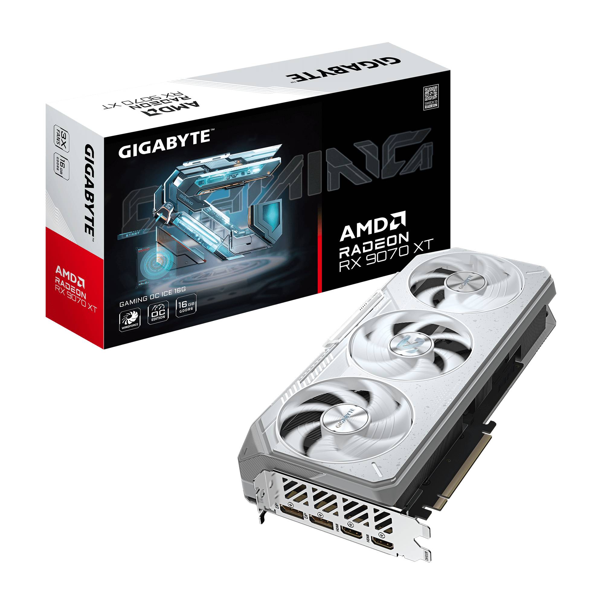 Eine weiße Gigabyte AMD Radeon RX 7900 XT Grafikkarte mit dreifachen Lüftern wird zusammen mit ihrer Verpackung präsentiert, auf der der Produktname und die Markenbezeichnung zu sehen sind.