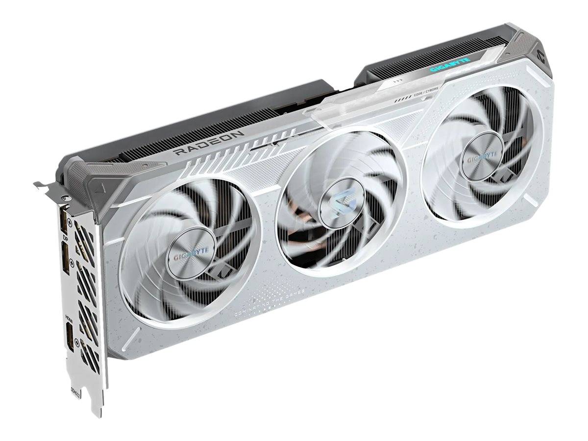 Silberne Radeon-Grafikkarte mit drei Kühlungslüftern, dargestellt in einer weißen Produktansicht auf neutralem Hintergrund.