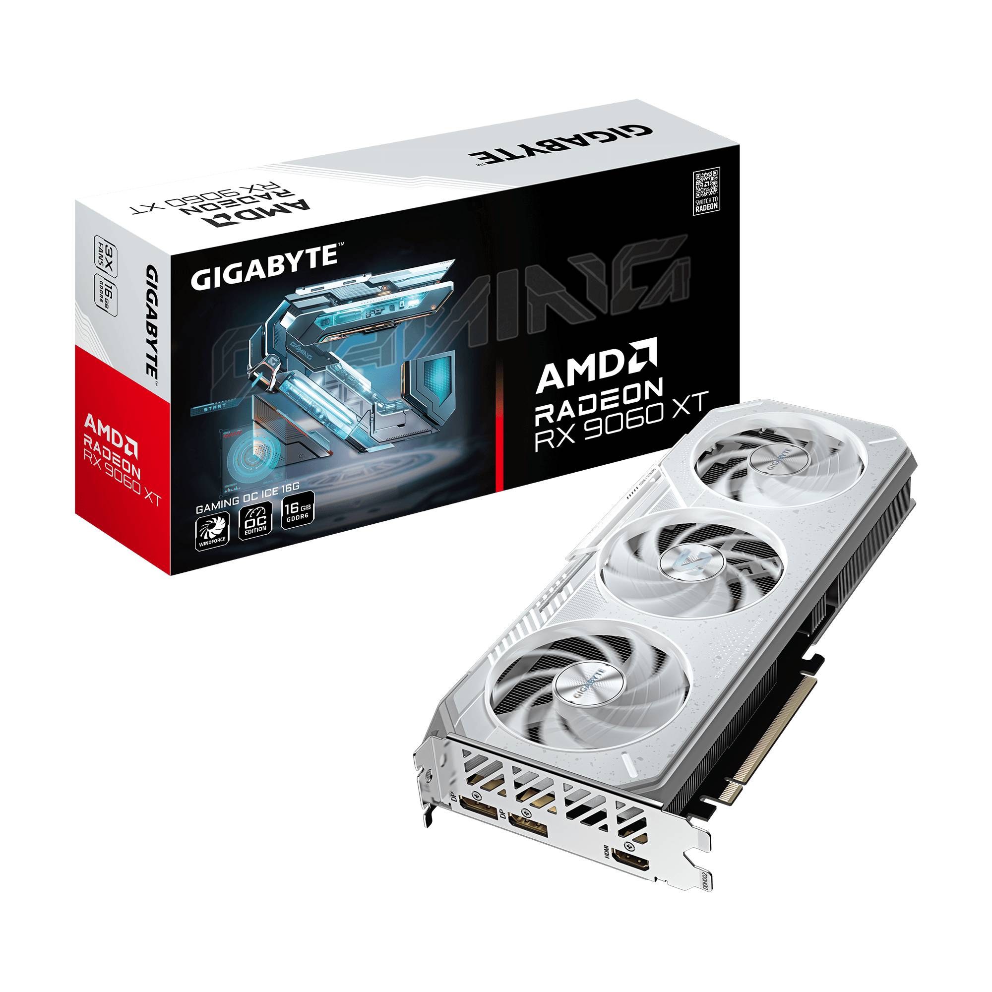 Gigabyte AMD Radeon RX 9060 XT Grafikkarte neben ihrer Einzelhandelverpackung auf schwarzem Hintergrund dargestellt.