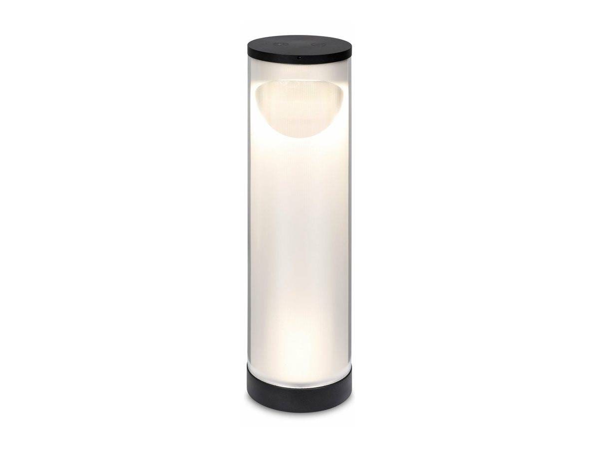 Eine zylindrische LED-Tischlampe mit schwarzem Fuß und Deckel, die weiches weißes Licht durch eine matte Glasabdeckung ausstrahlt und sich für Ambientebeleuchtung eignet.