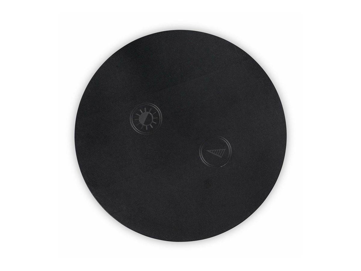 Eine runde, schwarze Scheibe mit blassen Bildern einer Sonne und eines Dreiecks mit Linien im Inneren, die möglicherweise Einstellungen oder Steuerungen andeuten.