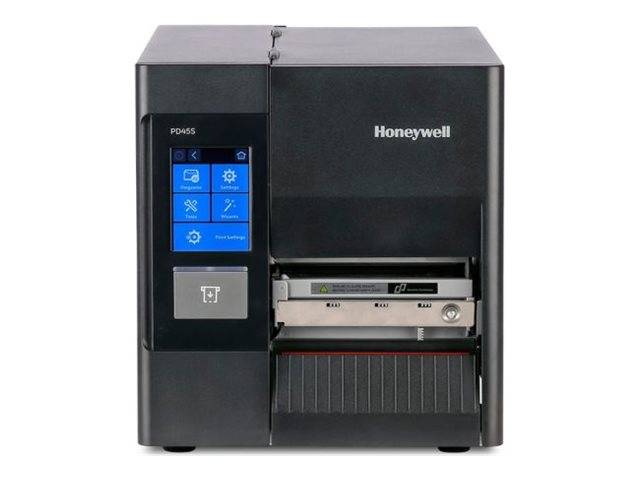 Honeywell PD455 Industrietikettendrucker mit Touchscreen-Display und frontalem Papierschacht auf weißem Hintergrund