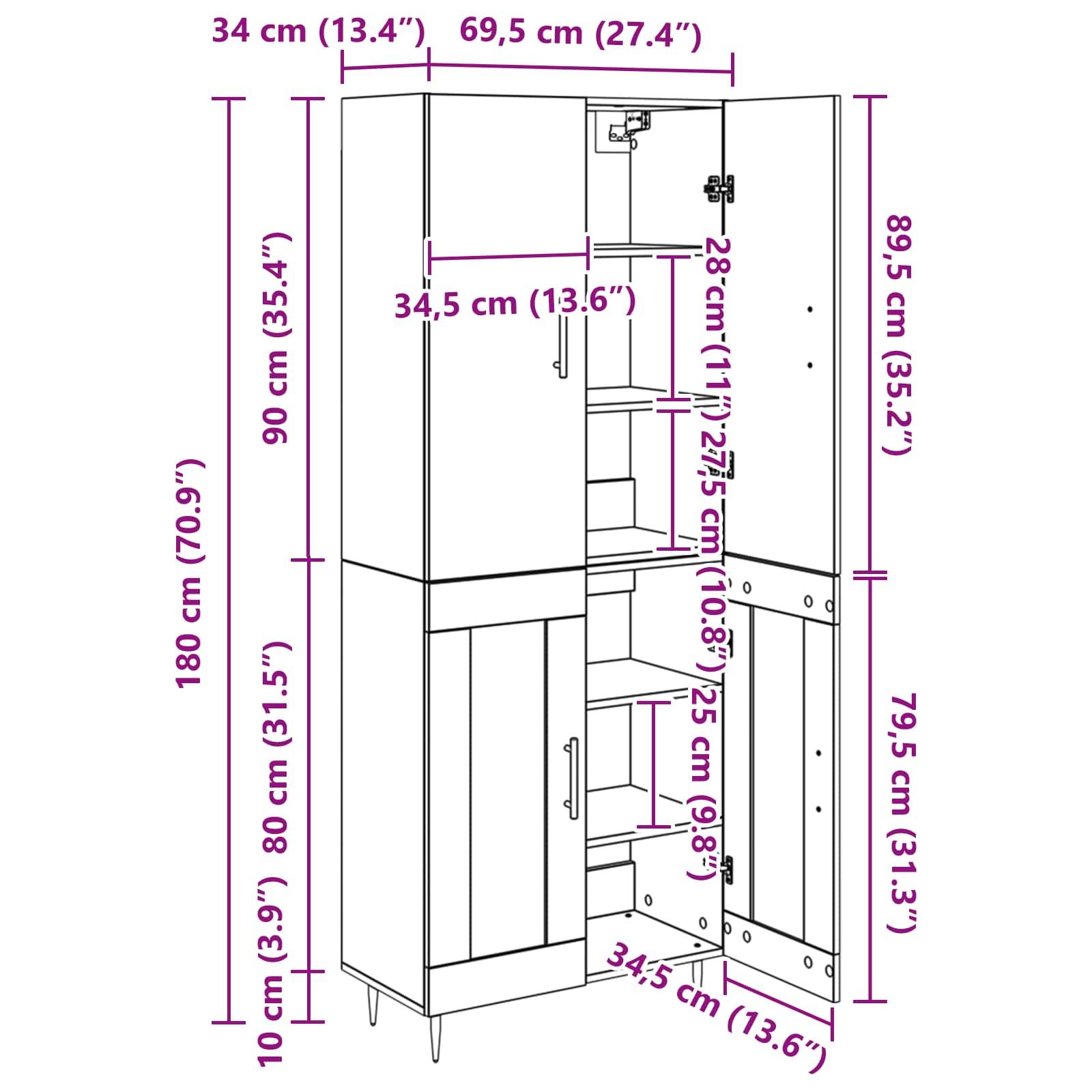 Hoher Schrank mit geöffneten Türen, die Regale im Inneren zeigen. Maße beschriftet: Höhe 180 cm, oberer Bereich 90 cm hoch, untere Tür 89,5 cm, verschiedene Breiten und Tiefen markiert.