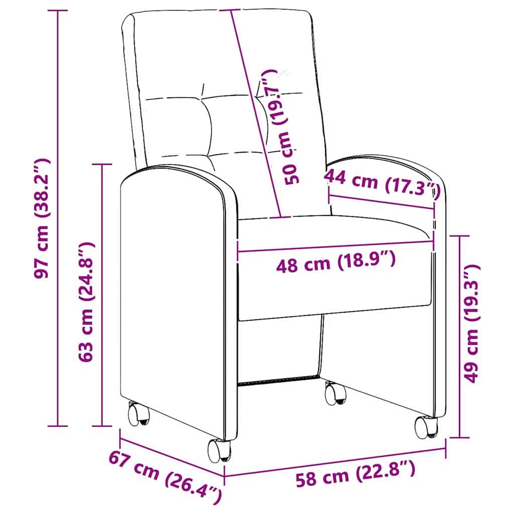 Diagramm eines Sessels mit Rollen, mit folgenden Abmessungen: Höhe 97 cm, Breite 58 cm, Sitzbreite 48 cm, Sitzhöhe 49 cm.