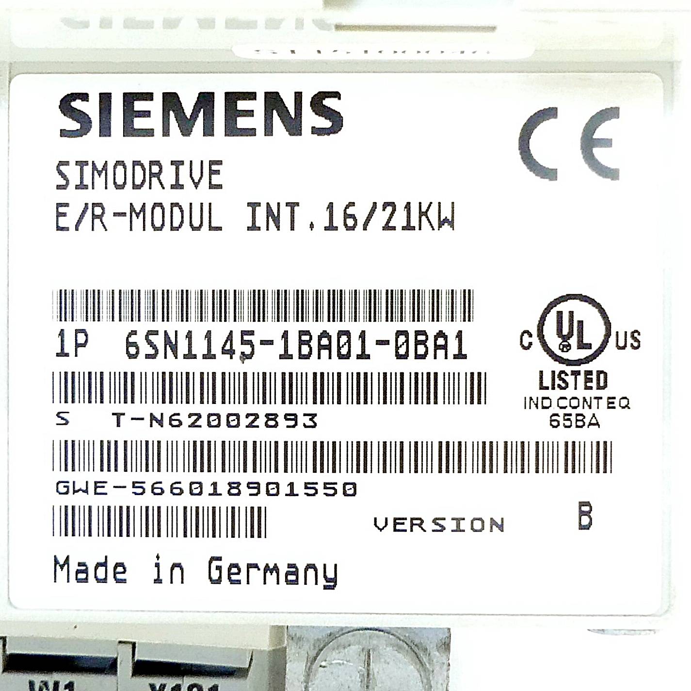 SIMODRIVE E/R-Modul, 16/21 kW, SIEMENS, Made in Germany, Modell-/Seriennummern, CE, UL gelistet, elektrische Komponentendetails