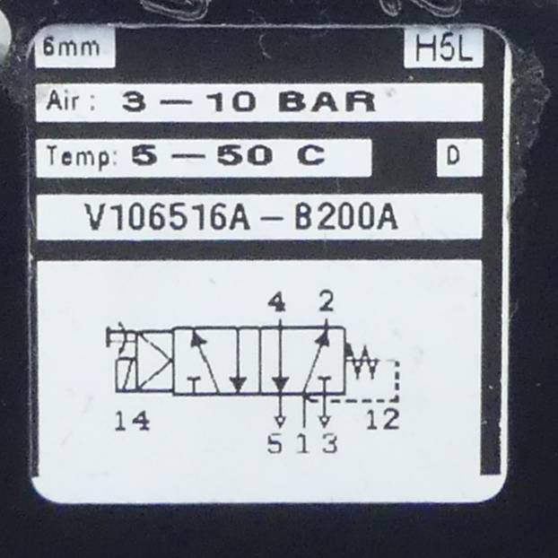 Luft: 3-10 BAR, Temp: 5-50 °C'. Technische Zeichnung mit Ventil V106516A-B200A und schematischen Symbolen zur Steuerung des Fluidflusses.