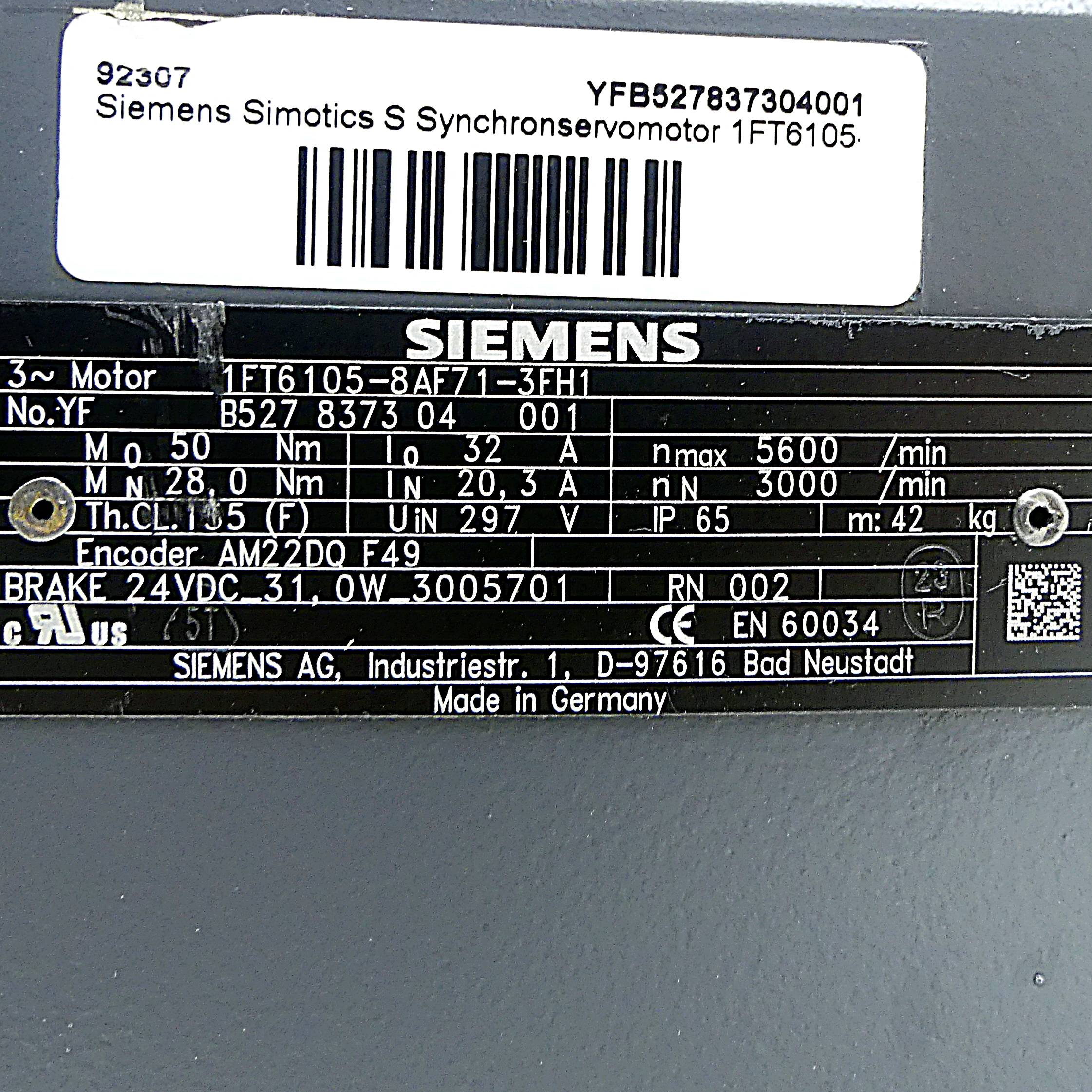 Siemens Simotics S Synchronservomotor (1FT6105-8AF71-3FH1)