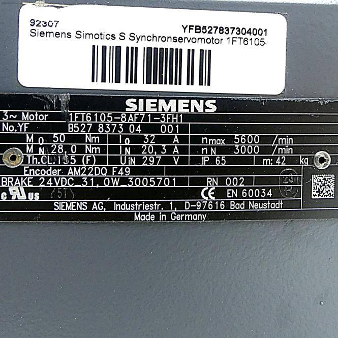 Siemens Synchronservomotor Simotics S (1FT6105-8AF71-3FH1)