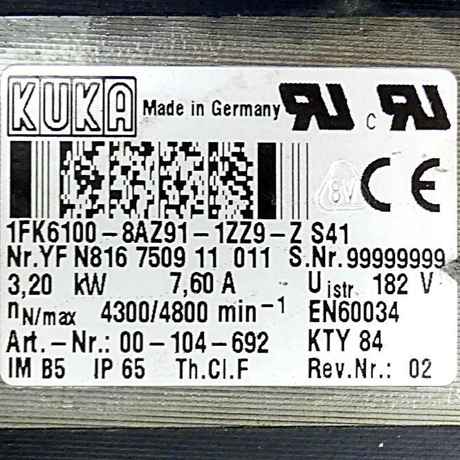 KUKA Servomotor 1FK6100-8AZ91-1ZZ9-Z S41 (00-104-692)