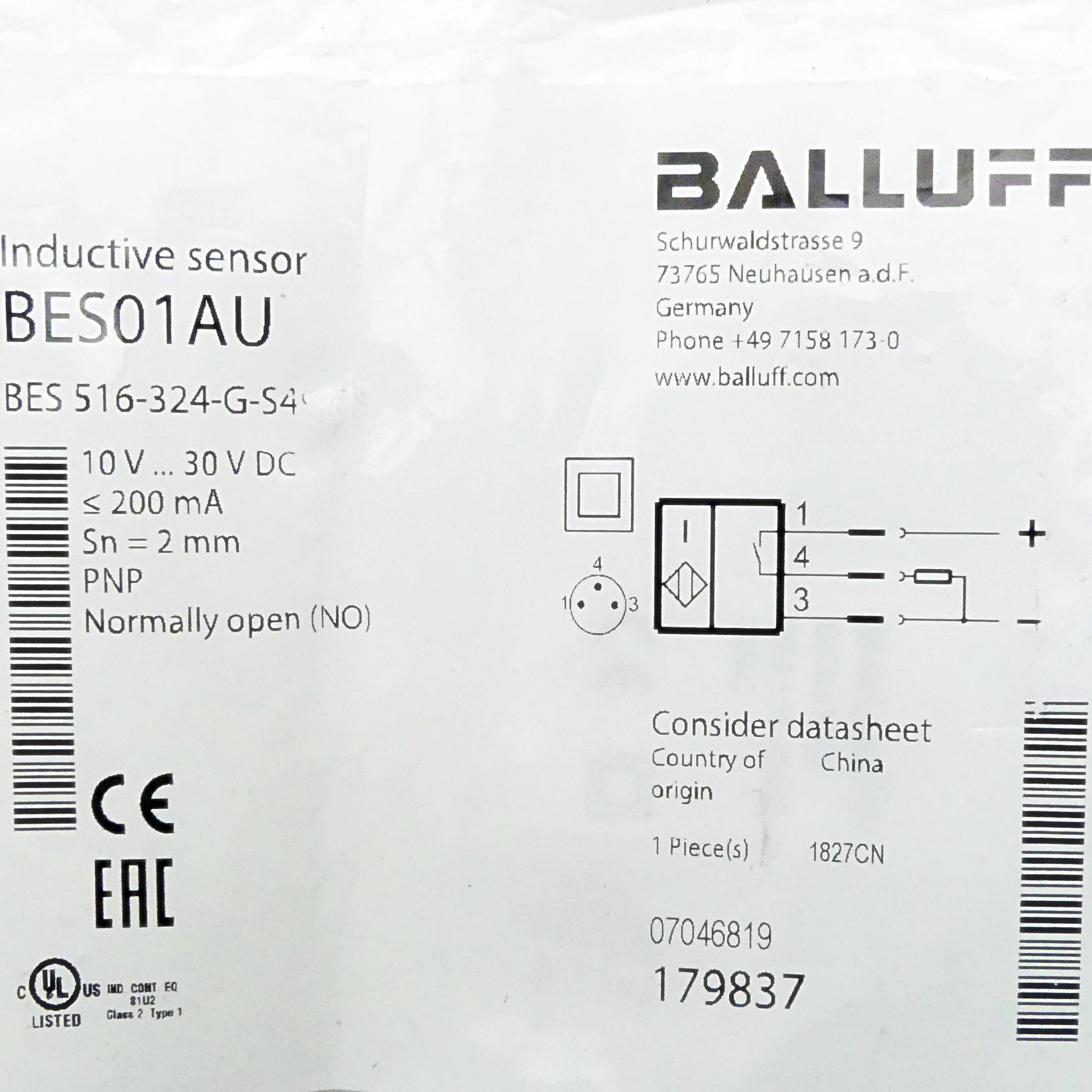 Balluff induktiver Sensor BES01AU. Details umfassen Modell 'BES 516-324-G-S4', '10-30V DC', '2 mm Erfassungsbereich', 'PNP normalerweise offen', 'Hergestellt in Deutschland', und 'China' unter Herkunftsland.
