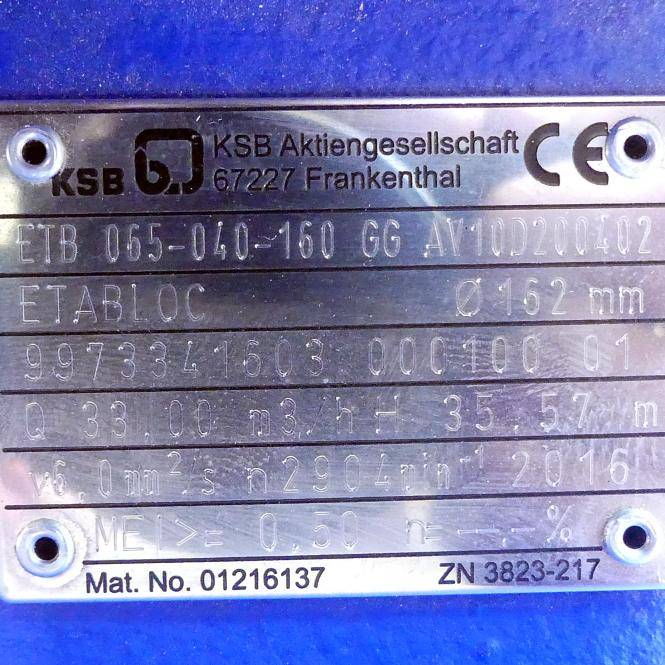 KSB Kreiselpumpe ETABLOC (ETB-065-040-160 GG AV10D200402)