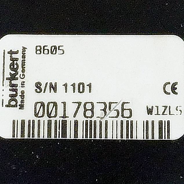 Kennzeichnung mit 'Burkert Made in Germany', '8605', 'S/N 1101', 'CE', Barcode '00178356', Code 'WIZL5'.