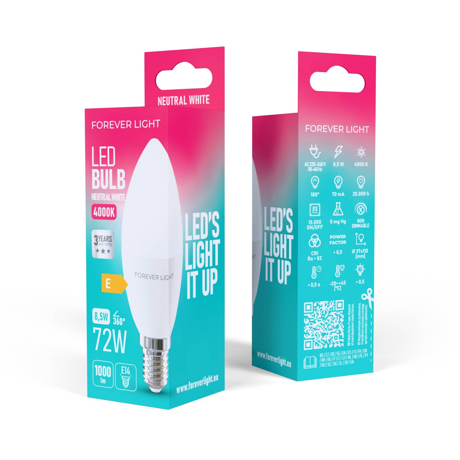 Das Bild zeigt zwei Schachteln von 'Forever Light' LED-Lampen, gekennzeichnet als neutralweiß, 4000K, 72W, 850 lm, mit Energieeffizienzklasse E.