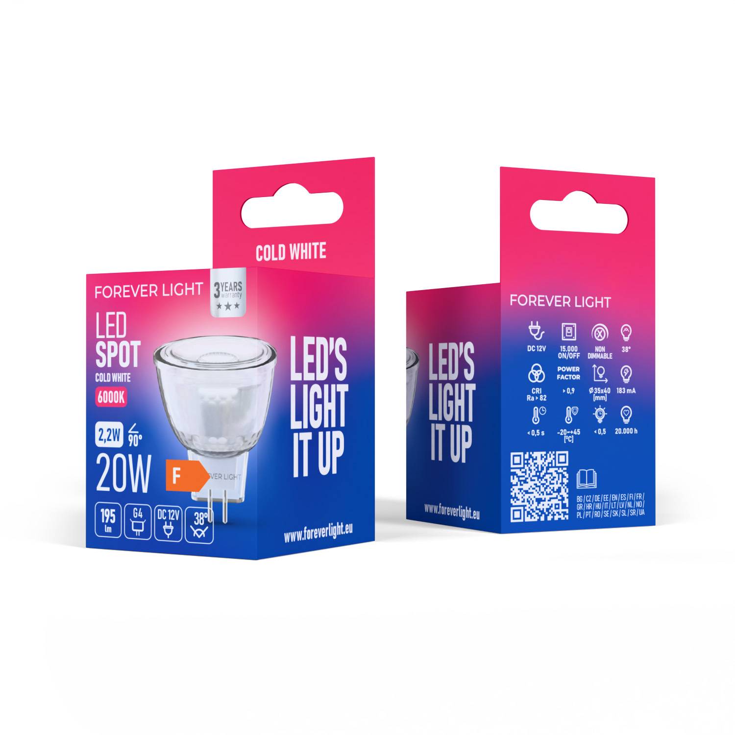 Forever Light LED Lampe G4 MR11 2.2W 195lm Kaltweiß 6000 K 12V glass Energieklasse F