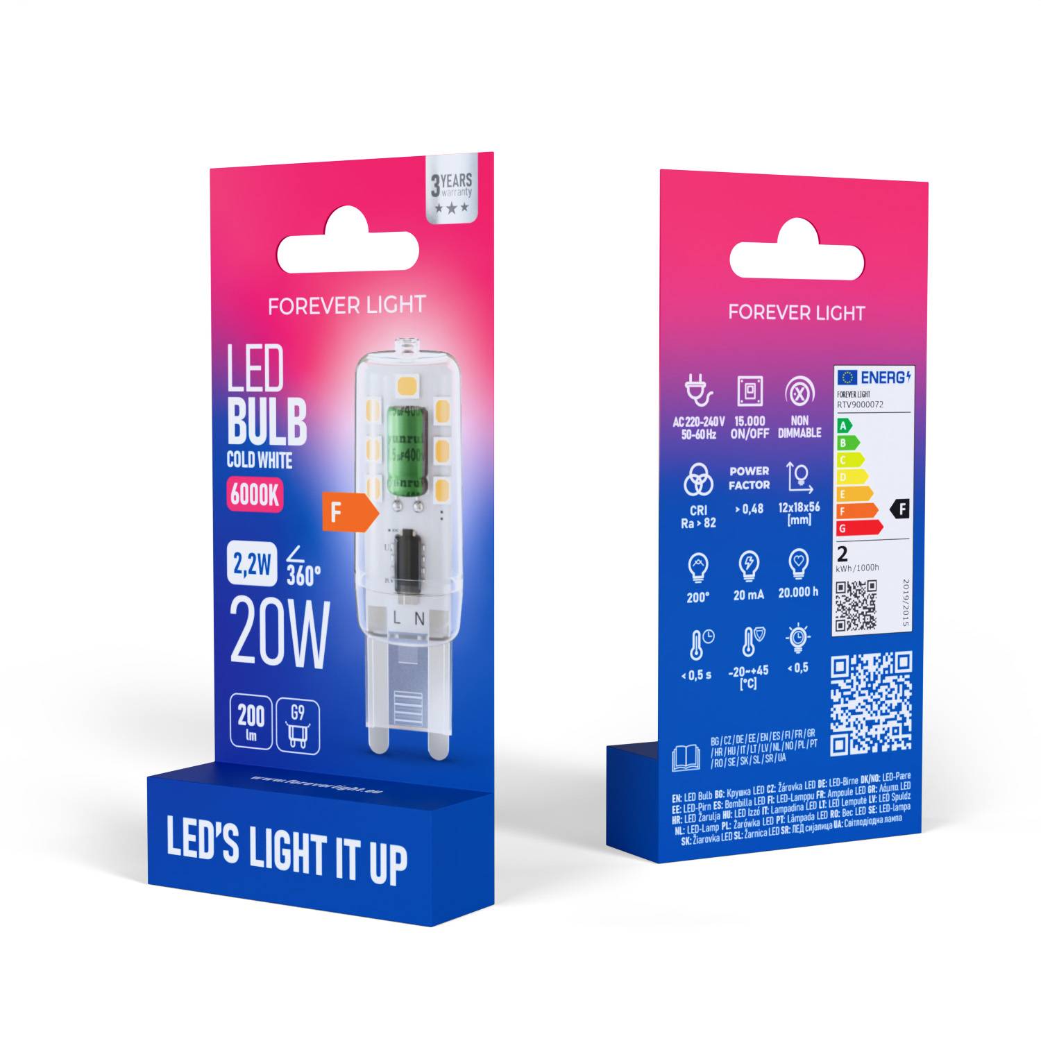 Forever Light LED Lampe G9 2.2W 200lm Kaltweiß 6000 K Energieklasse F