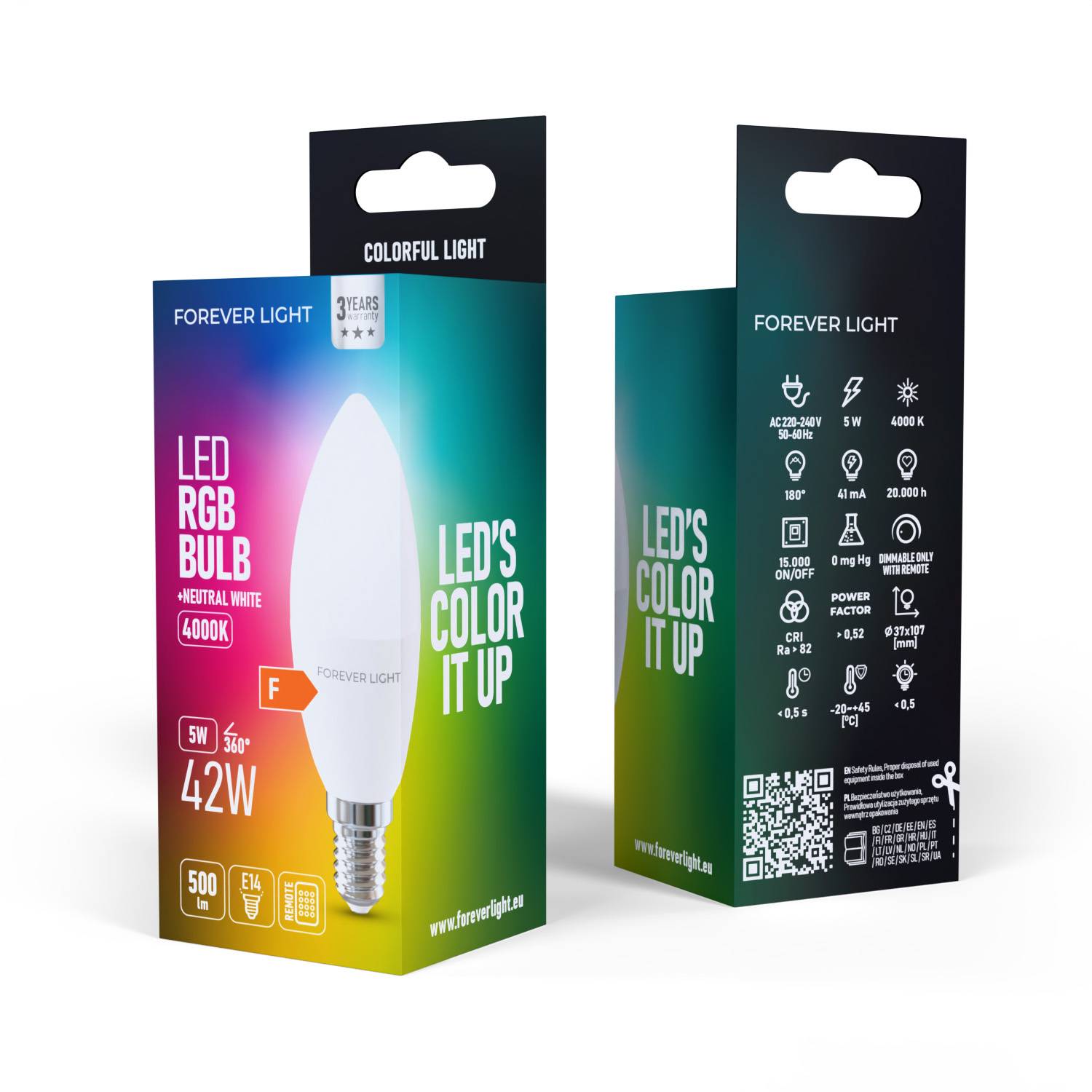 Forever Light LED Lampe RGB E14 C37 5W 500lm Neutralweiß 4000 K Energieklasse F