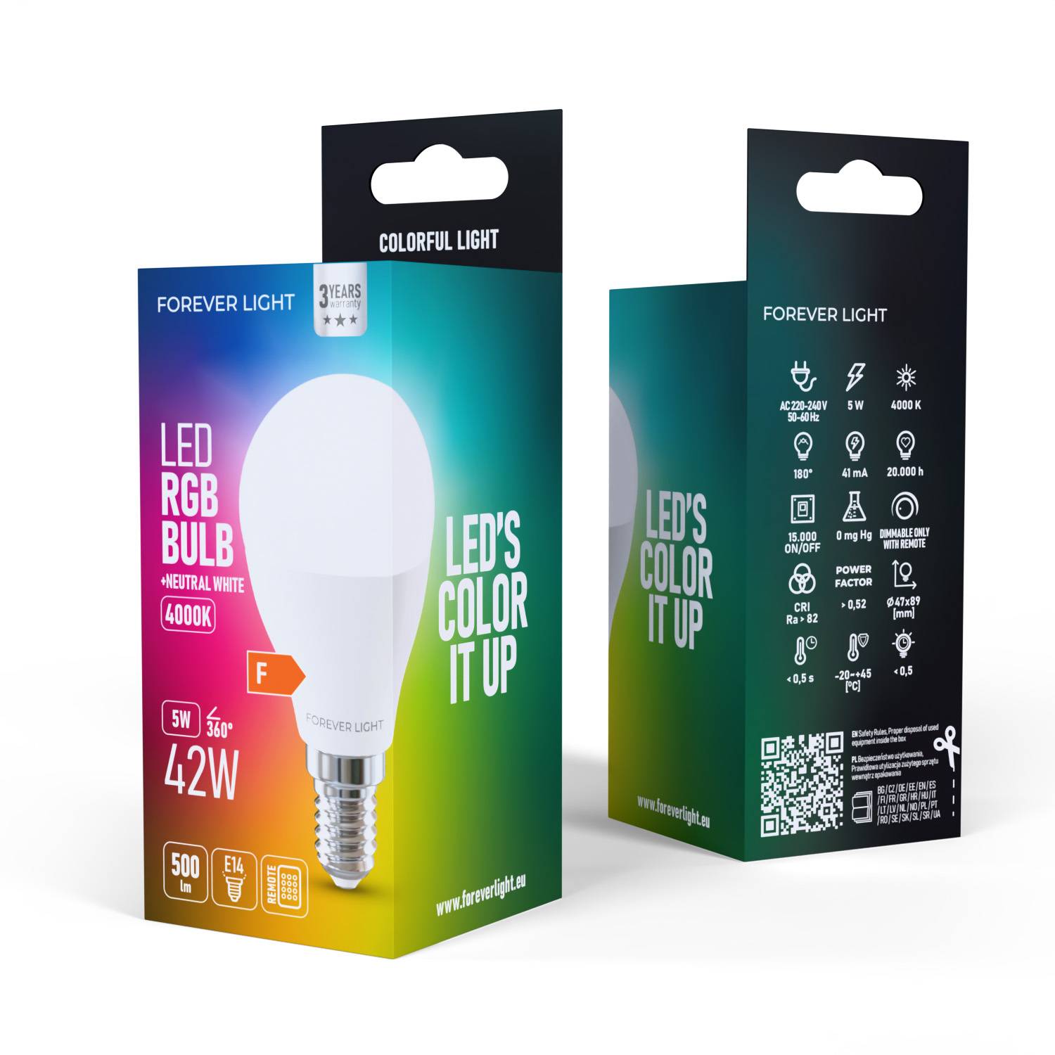 Forever Light LED Lampe RGB E14 G45 5W 500lm Neutralweiß 4000 K Energieklasse F