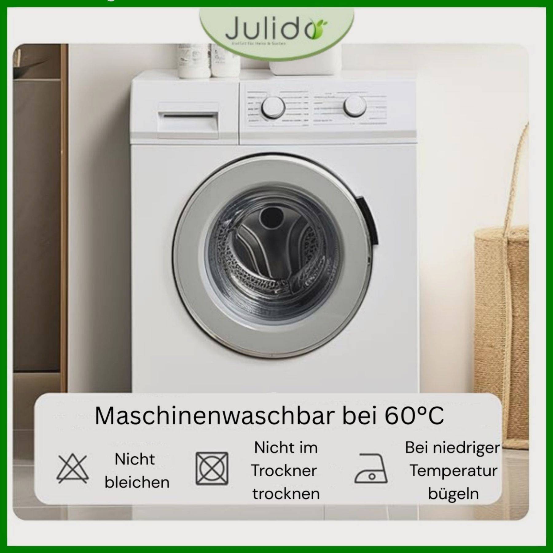 Eine Frontlader-Waschmaschine in einem Waschraum. Darunter deutscher Text: „Maschinenwaschbar bei 60°C