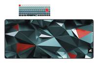 Eine Tastatur mit bunten Tasten, darunter rote Akzente, vor einem Hintergrund aus geometrischen, mehrfarbigen 3D-Formen.