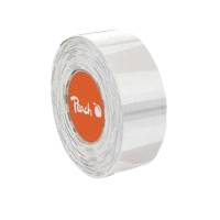 Eine Rolle glänzendes, reflektierendes Folienband mit einem orangefarbenen Etikett, auf dem in der Mitte 'Pfirsich' steht.