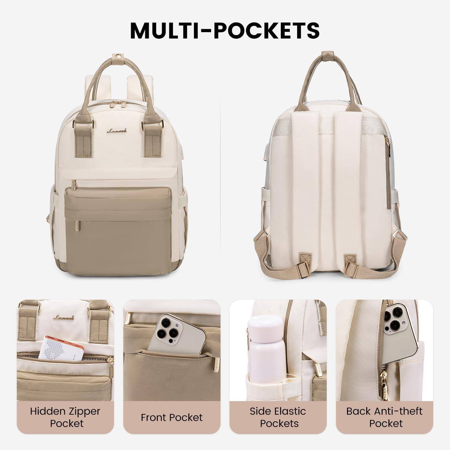 Front- und Rückansicht eines beigen und braunen Rucksacks, der sein mehrfaches Taschendesign zeigt, einschließlich verstecktem Reißverschluss, Vorder-, Seiten-Elastik- und Rücken-Diebstahlschutz-Taschen.