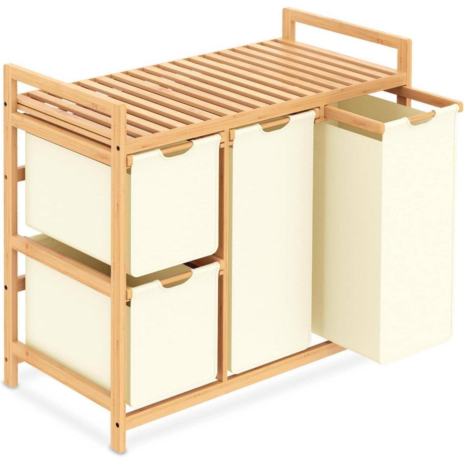 Wäschekorb 3 Fächer 150L Bambus Beige Wäschekorb mit Ablage