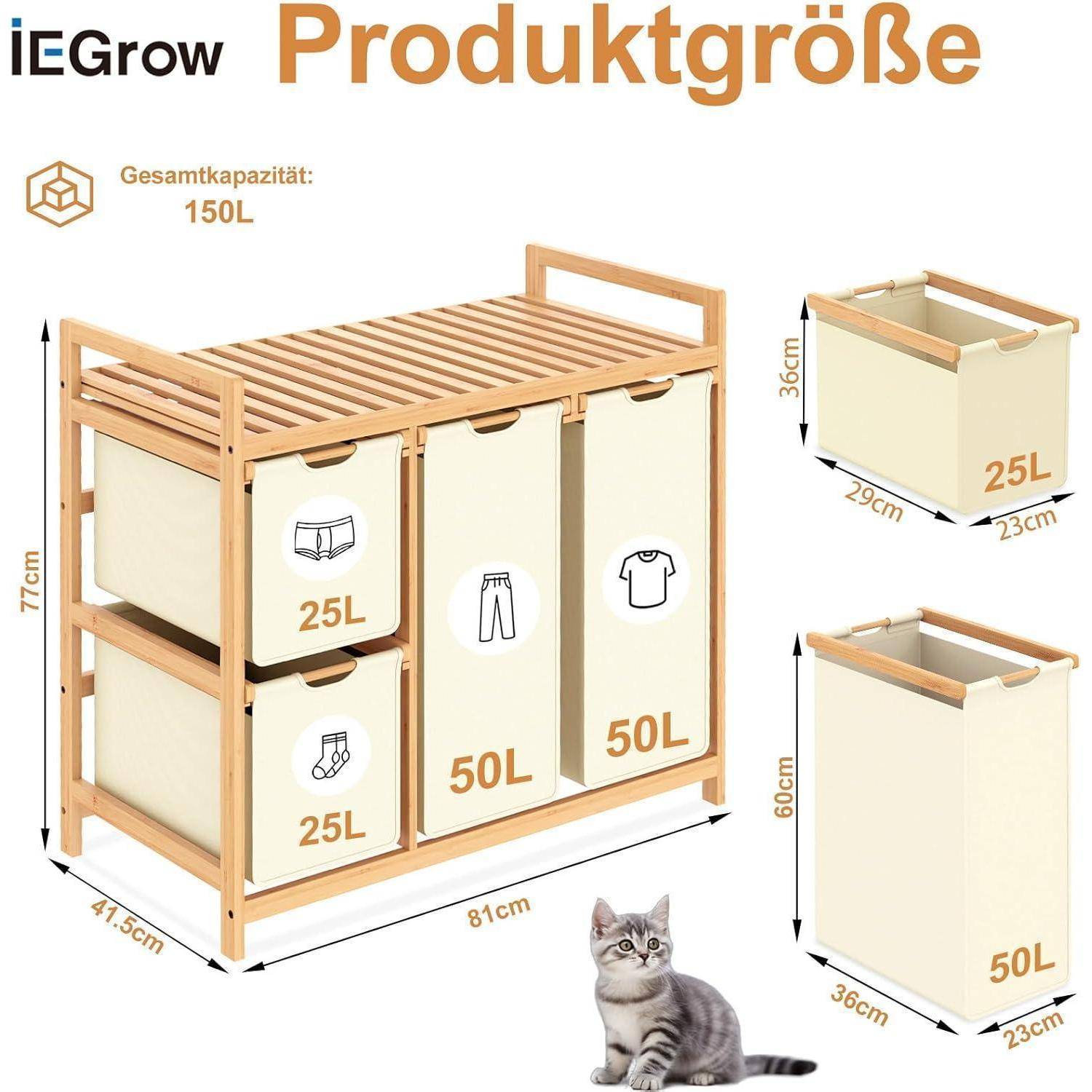 Wäschekorb 3 Fächer 150L Bambus Beige Wäschekorb mit Ablage