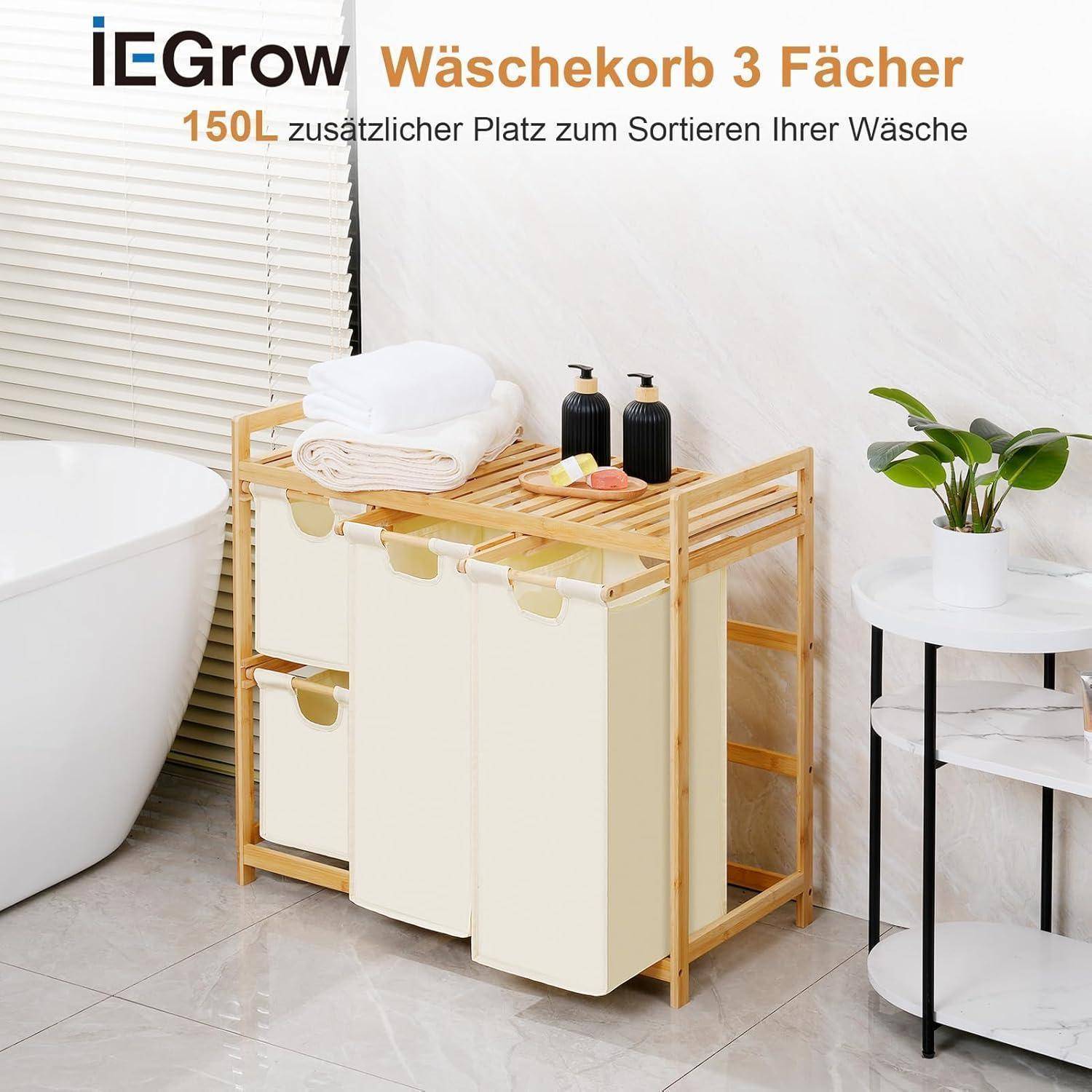 Wäschekorb 3 Fächer 150L Bambus Beige Wäschekorb mit Ablage