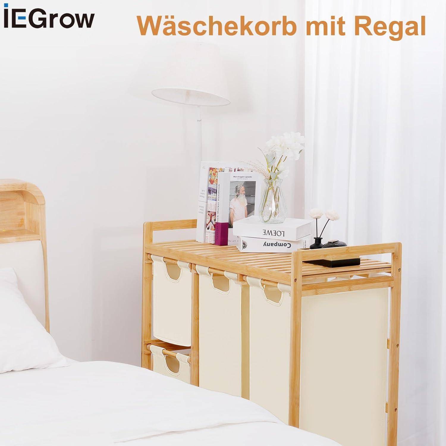 Wäschekorb 3 Fächer 150L Bambus Beige Wäschekorb mit Ablage