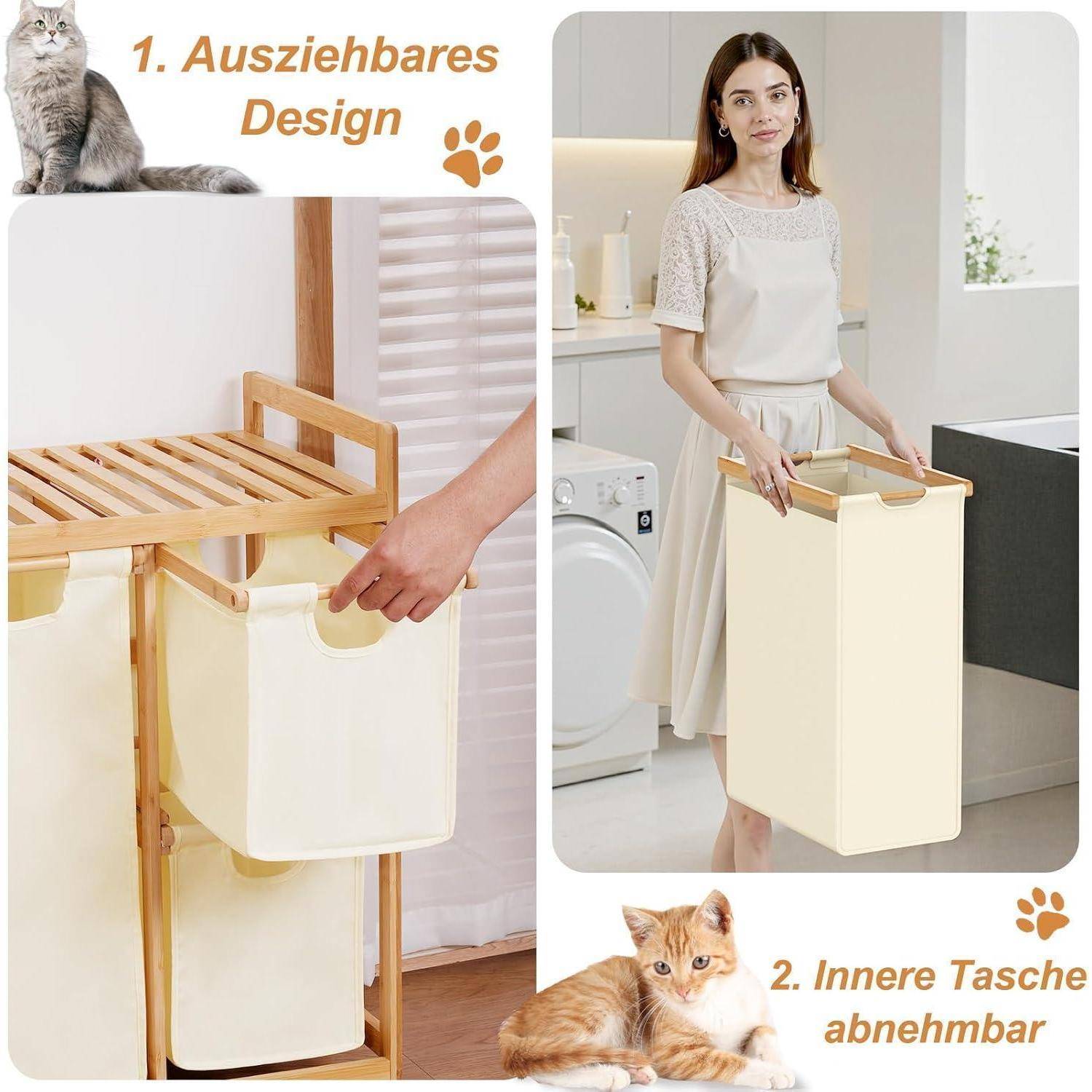 Wäschekorb 3 Fächer 150L Bambus Beige Wäschekorb mit Ablage