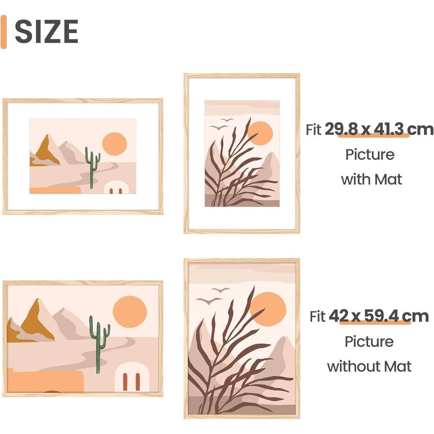 Zwei gerahmte Kunstdrucke mit Wüstenthema. Links: Passt 29,8 x 41,3 cm mit Passepartout. Rechts: Passt 42 x 59,4 cm ohne Passepartout.