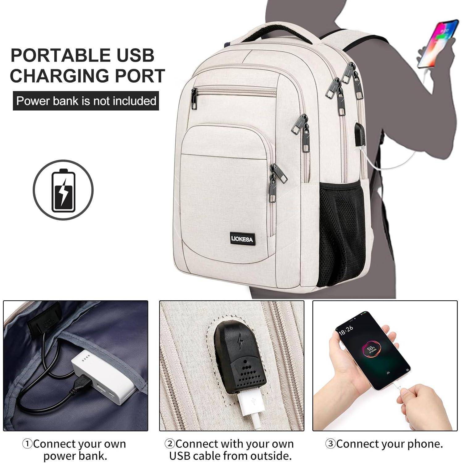 Rucksack mit USB-Ladeanschluss-Funktion gezeigt. Schritte: 1) Powerbank im Inneren anschließen; 2) USB-Kabel von außen verbinden; 3) Handy anschließen. Powerbank nicht im Lieferumfang enthalten.