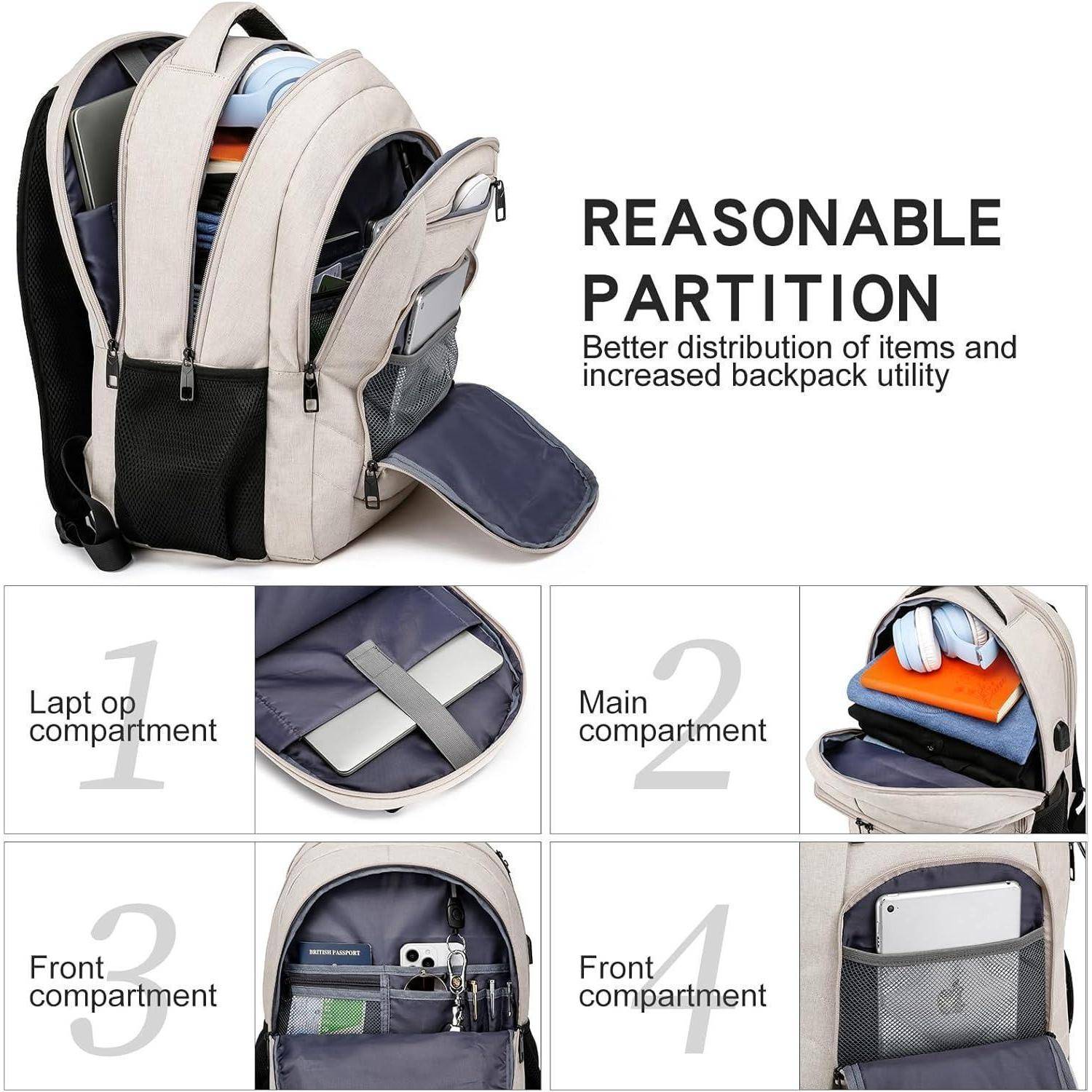 Ein Rucksack mit beschrifteten Fächern: 1) Laptopfach, 2) Hauptfach, 3) Zwei Vorderfächer. Oberer Text lautet 'ZWECKMÄSSIGE AUFTEILUNG'.