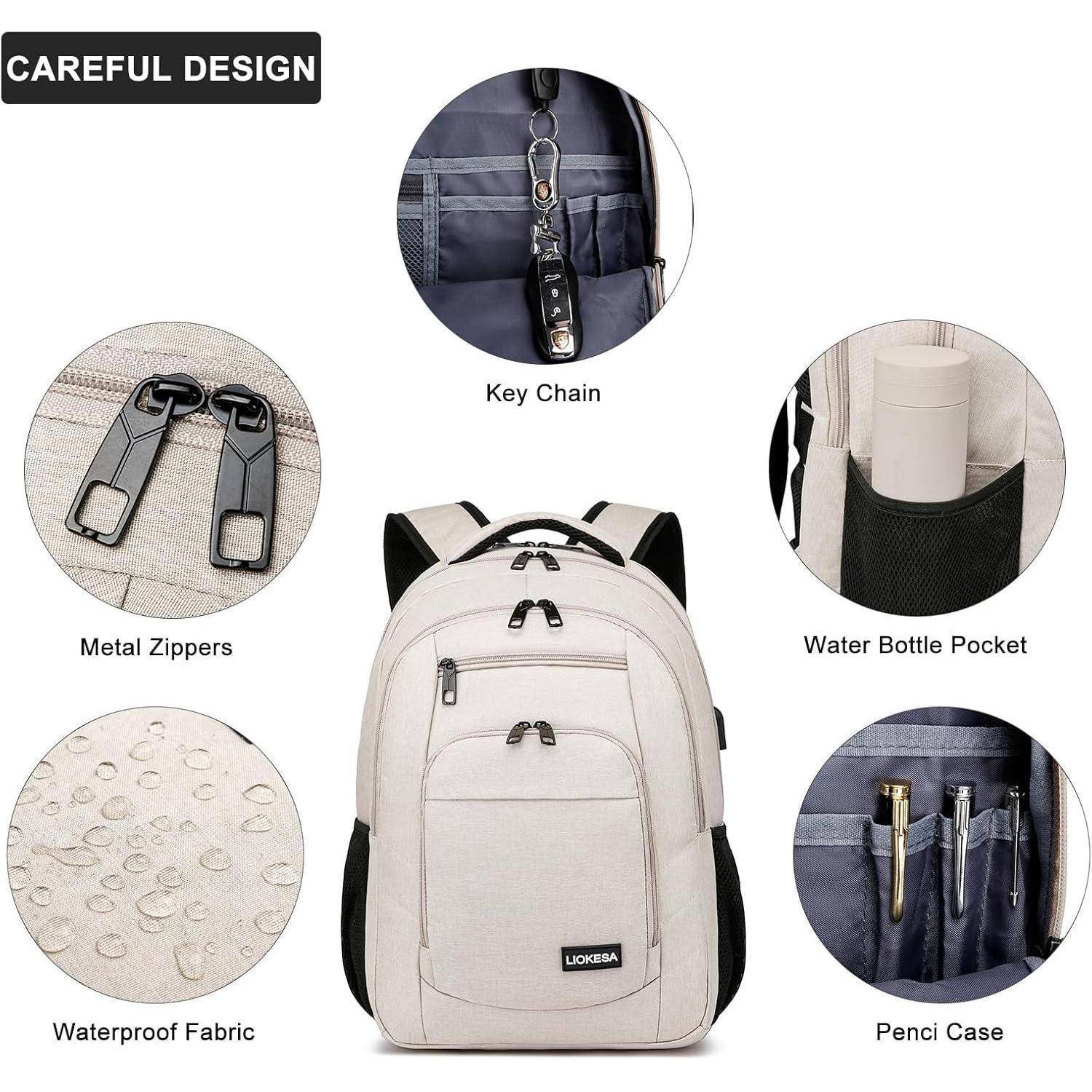 Rucksack mit Etikett für ‚sorgfältige Gestaltung' verfügt über Metallreißverschlüsse, Schlüsselanhänger, Wasserflaschentasche, wasserdichten Stoff und Federmäppchen.