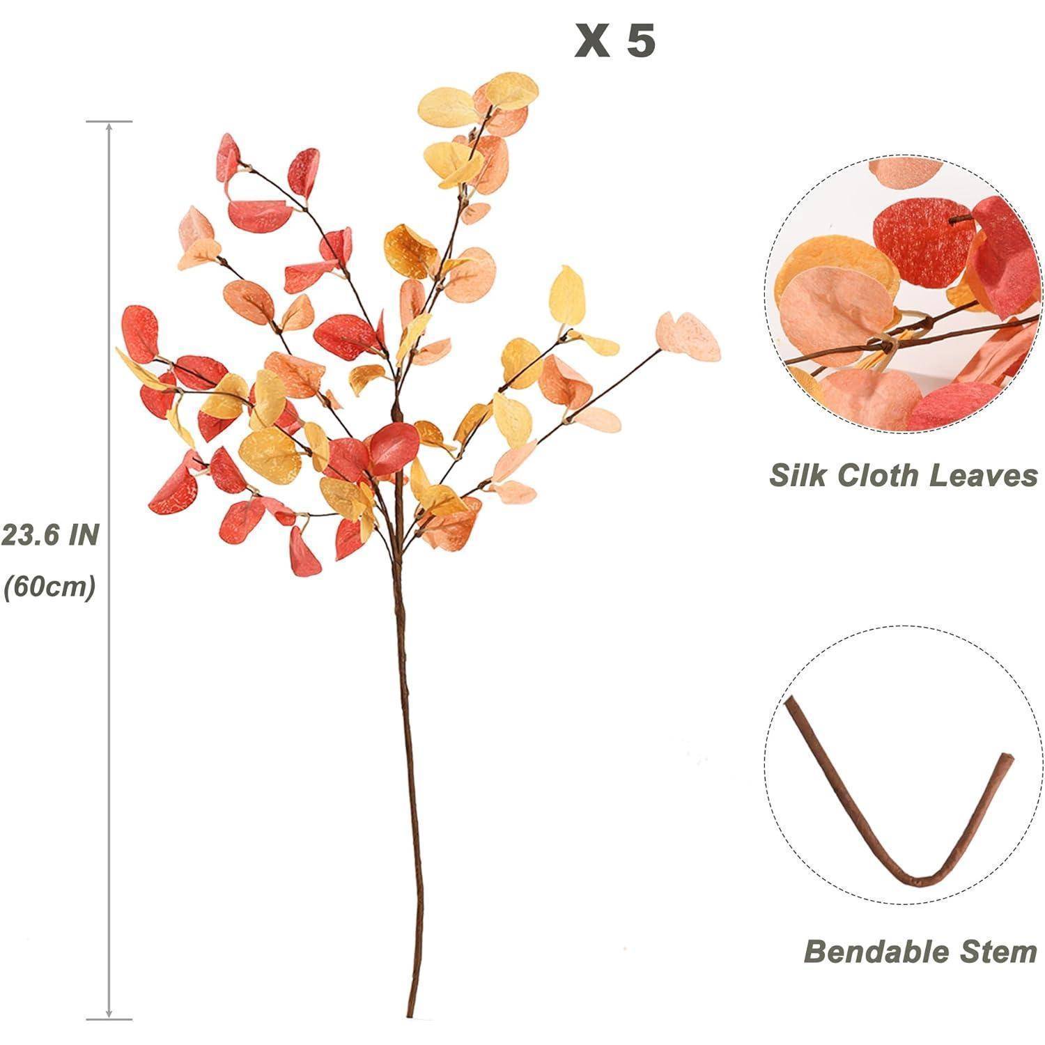 Ein Ast mit mehrfarbigen Seidenblättern in Rot, Gelb und Orange ist abgebildet. Er hat einen biegsamen Stamm und ist 23,6 Zoll (60 cm) hoch. Mit der Beschriftung 