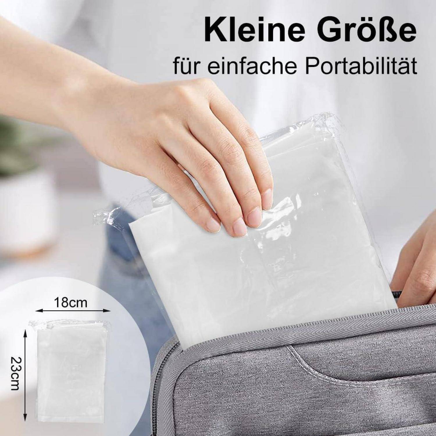 Eine Hand legt einen durchsichtigen, wiederverschließbaren Beutel in eine graue Koffertasche. Text liest sich: 'Kleine Größe für einfache Portabilität.' Diagramm zeigt Beuteldimensionen: 18 cm x 23 cm.