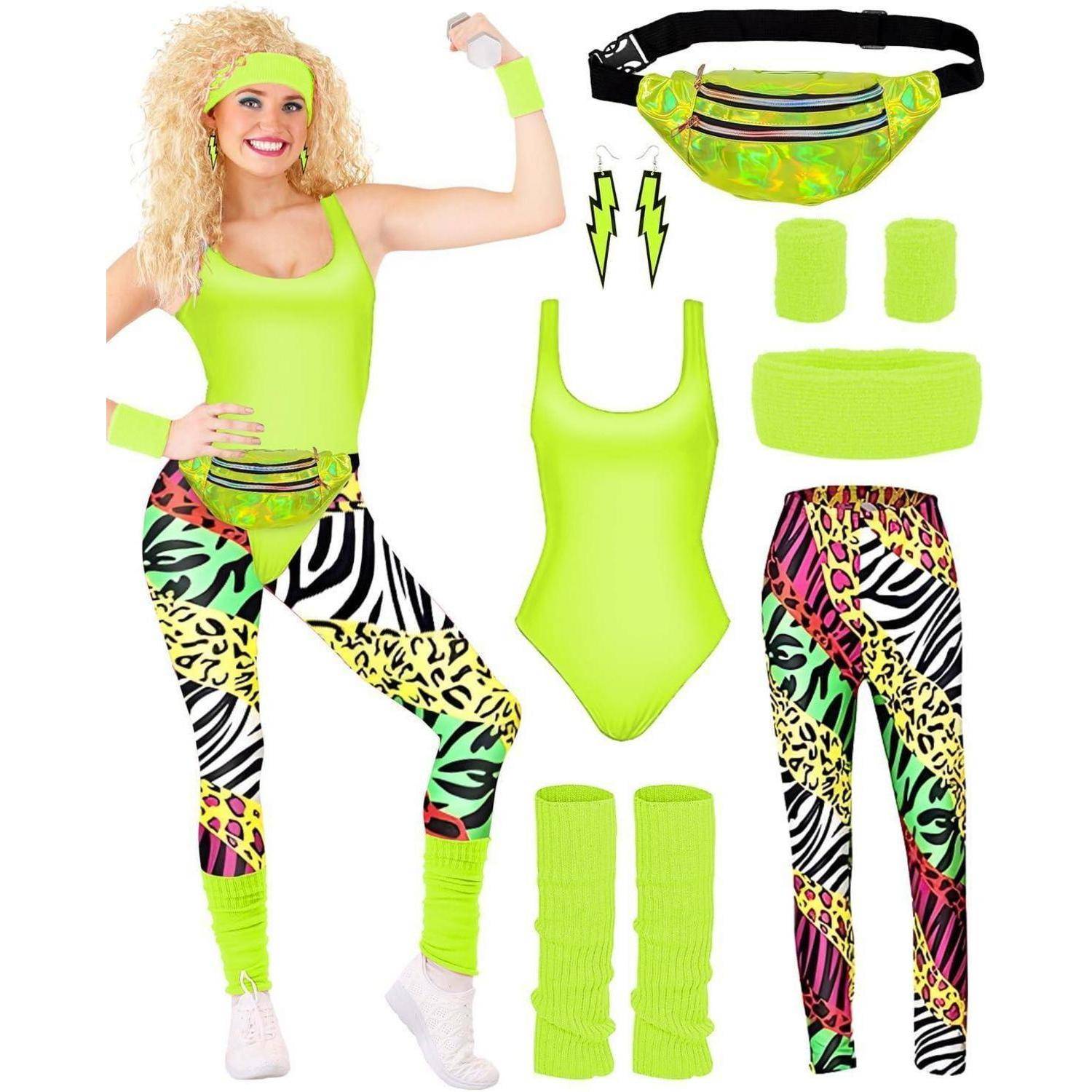 Kostüm Damen 80er Set Trainingsanzug Fluoreszierendes Grün L