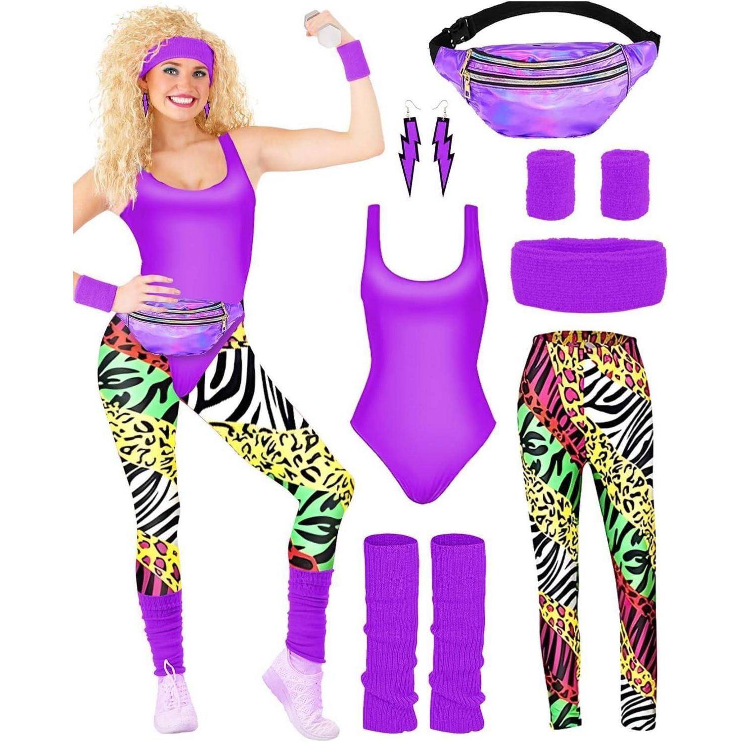 Outfit 80er Damen Trainingsanzug Stirnband Gürteltasche Lila M