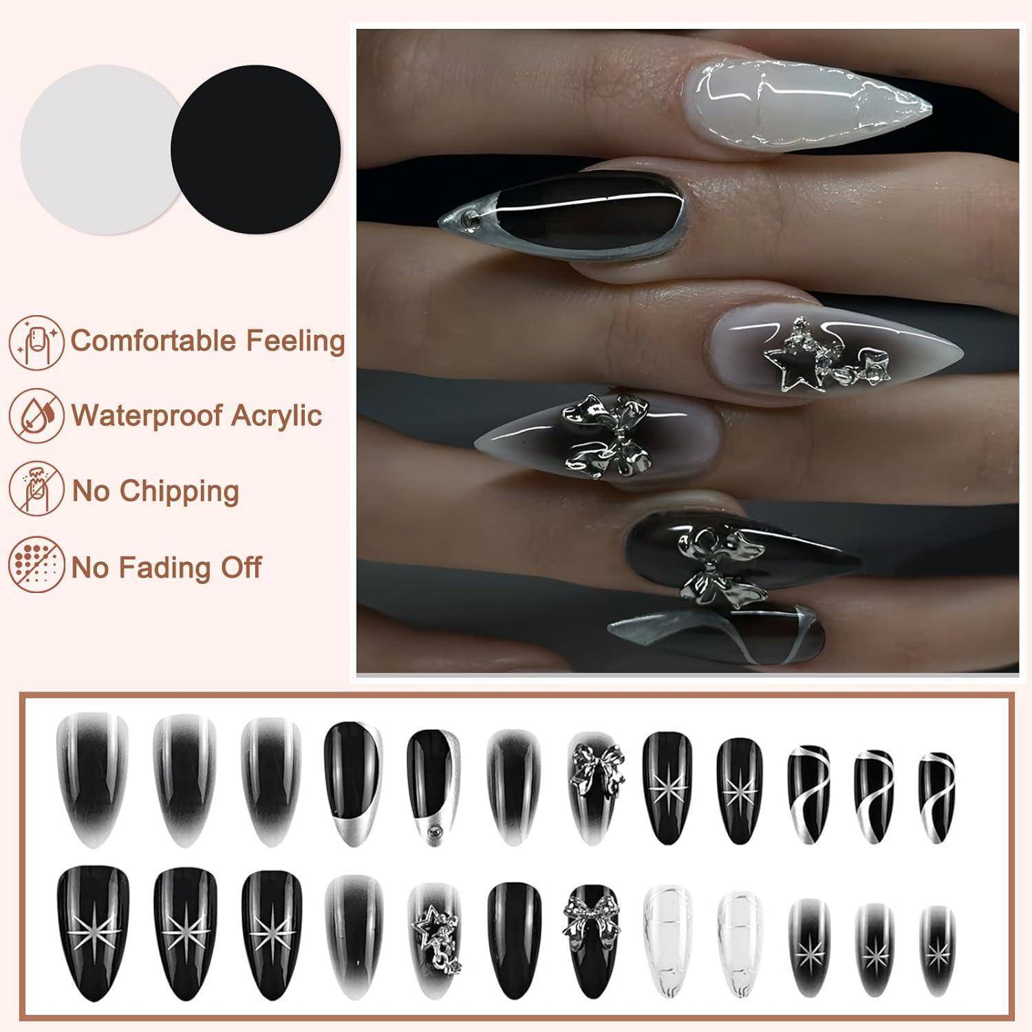 Falsche Nägel 24 Mittel Mandel Acryl Schwarz Weiß Französisch
