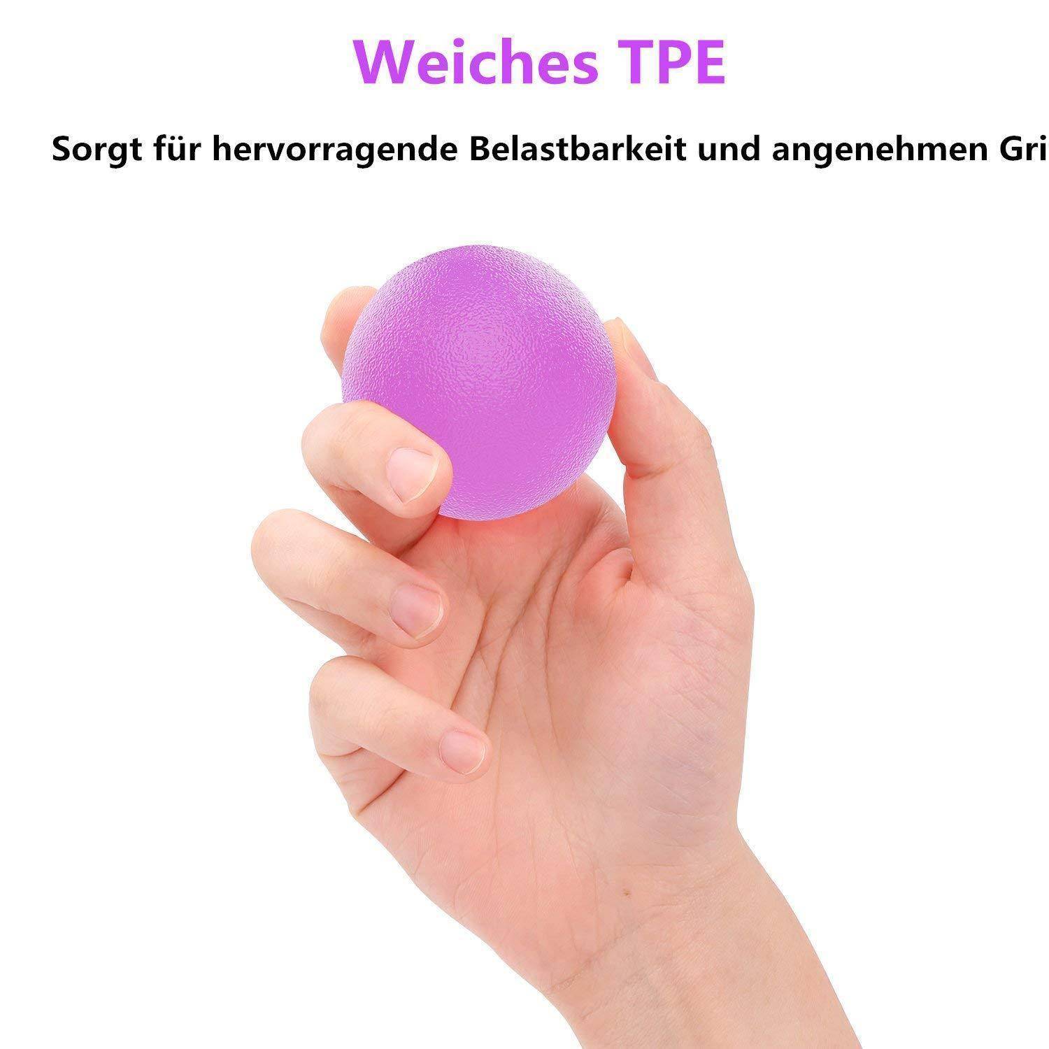 Weiches TPE' über einer Hand, die einen weichen, violetten Stressball hält, wobei dessen hervorragende Belastbarkeit und Komfort hervorgehoben werden.