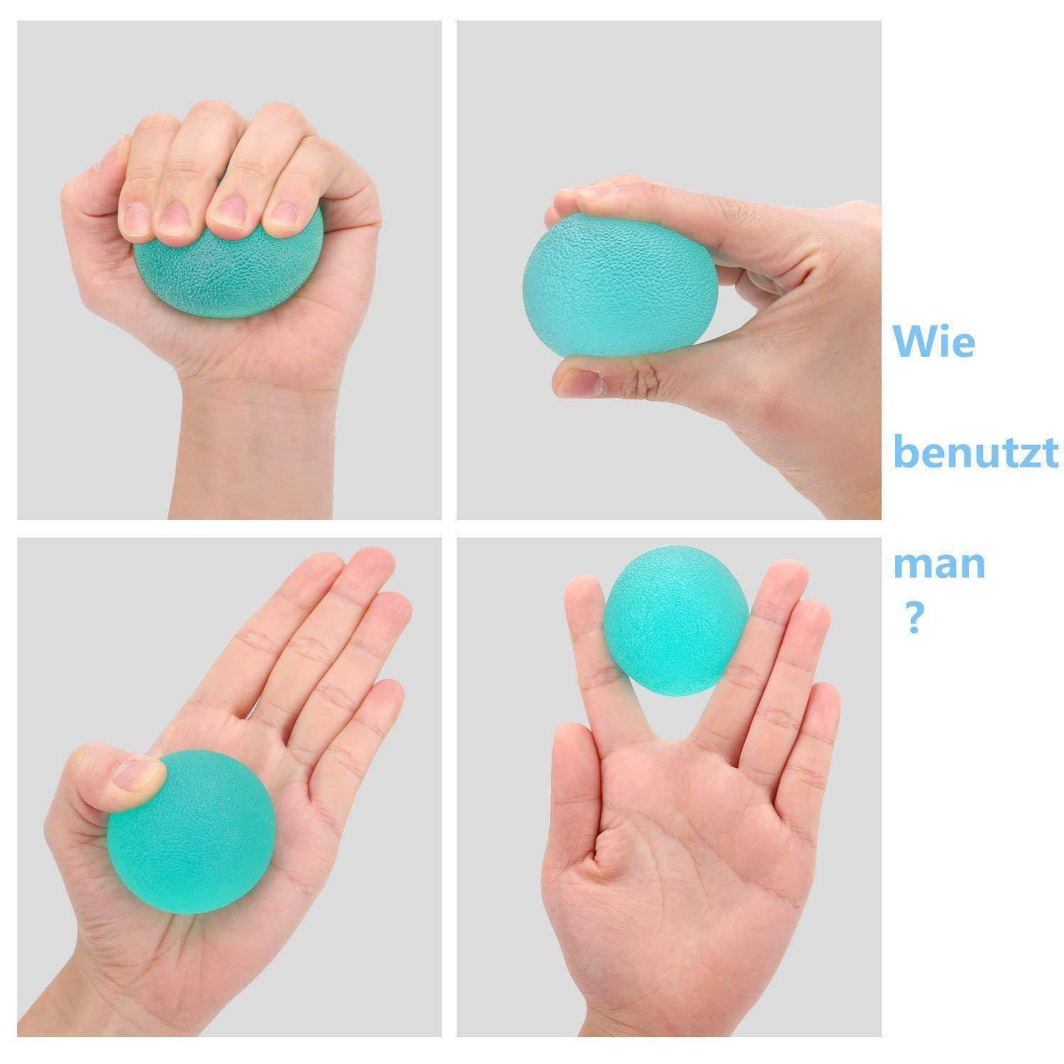 Eine Hand, die einen grünen Stressball in verschiedenen Positionen zusammendrückt, greift und hält, mit dem Text 